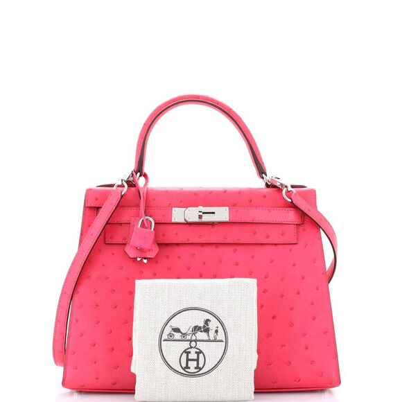 Hermes Kelly Handbag Rose Tyrien Ostrich with Palladium Hardware